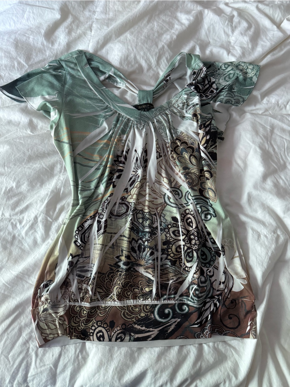 Women's Printed Short-Sleeve Blouse in Mint Green and Brown